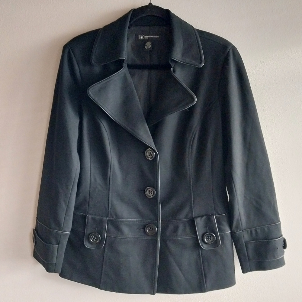 INC International Concepts Black Mid Weight Ponte Knit Peacoat Blazer Jacket
